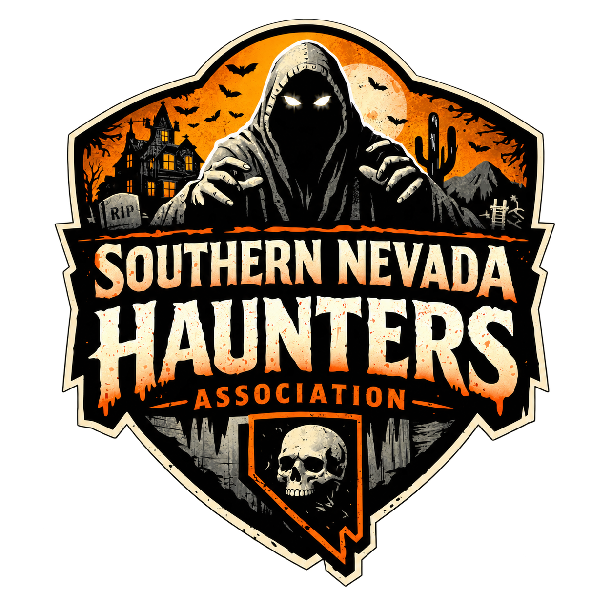 Southern Nevada Haunters Association logo featuring a hooded figure and Halloween imagery in a desert setting.